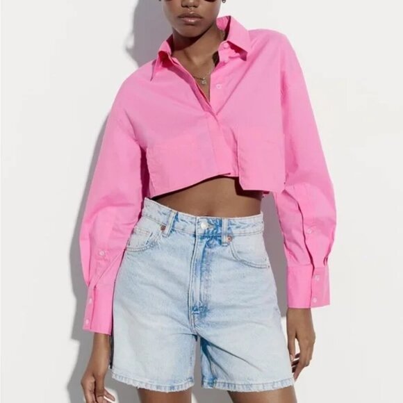 Zara Asymmetrical Poplin Cropped Blouse S - Picture 1 of 12